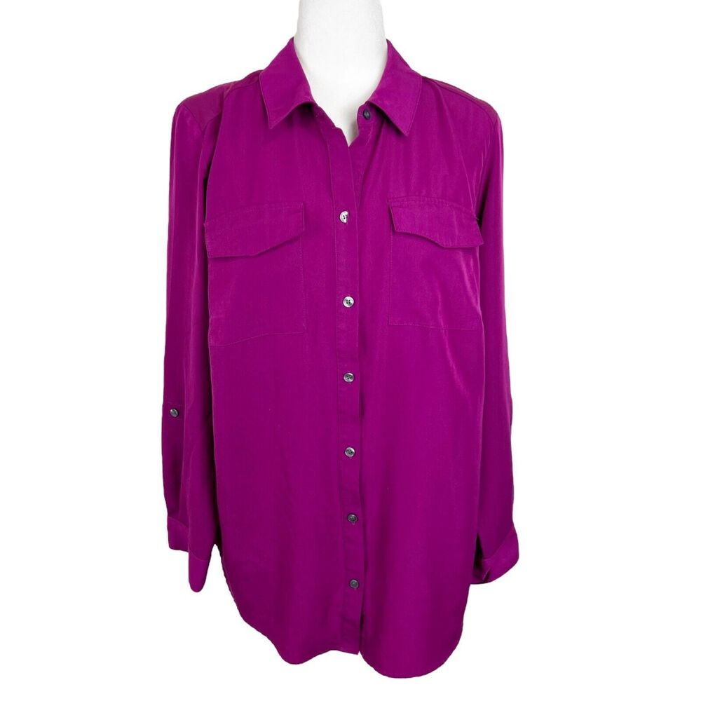 Charter Club Button Up Short Women 1X Plus Size Purple Long Sleeve Casual Top